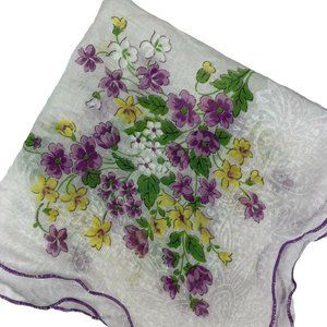 Vtg Hanky Wild Flower Violets Handkerchief Floral Purple Yellow White Sheer